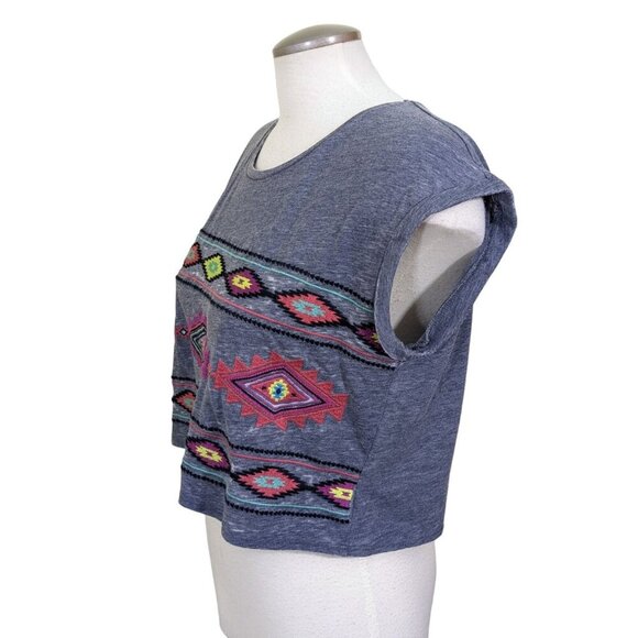 Womens Large Cropped T Shirt Top Southwest Aztec Gray Cotton Blend Boho Summer - Picture 5 of 8
